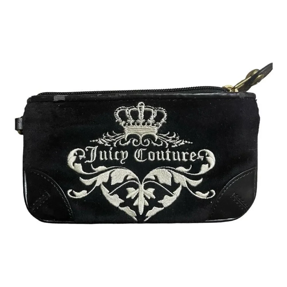 Vintage Retro Y2K Juicy Couture Black Embroidered Wristlet Faux‎ Suede RARE